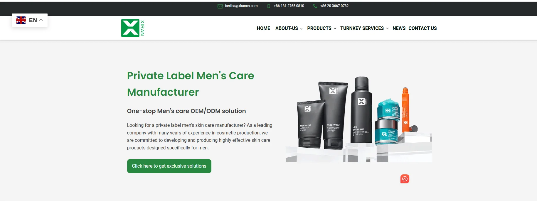 Webpage featuring private label men's care products with various skincare items displayed and contact information at top.